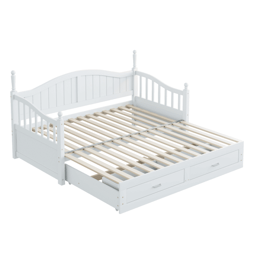 Sofá-cama extensível 90180*190 cm - com colunas romanas, encosto curvo, apoios de braços, com gavetas e estrado, cama multifuncional em pinho - Branco