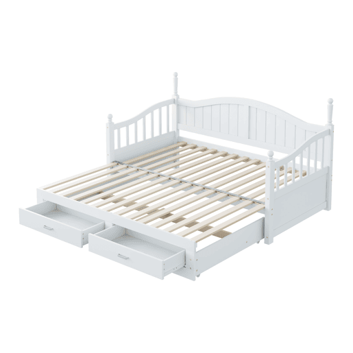 Sofá-cama extensível 90180*190 cm - com colunas romanas, encosto curvo, apoios de braços, com gavetas e estrado, cama multifuncional em pinho - Branco
