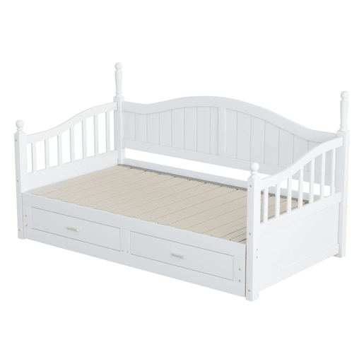 Sofá-cama extensível 90180*190 cm - com colunas romanas, encosto curvo, apoios de braços, com gavetas e estrado, cama multifuncional em pinho - Branco