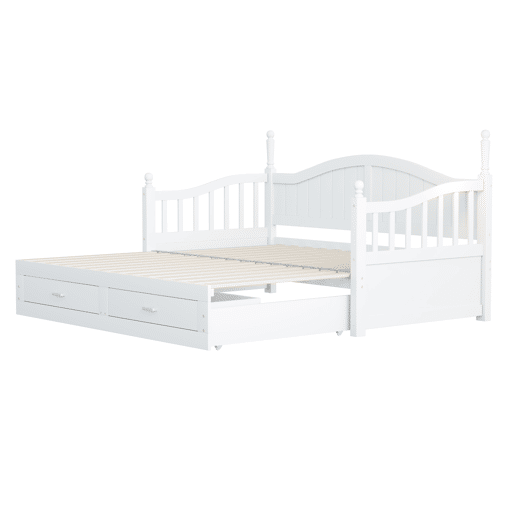 Sofá-cama extensível 90180*190 cm - com colunas romanas, encosto curvo, apoios de braços, com gavetas e estrado, cama multifuncional em pinho - Branco