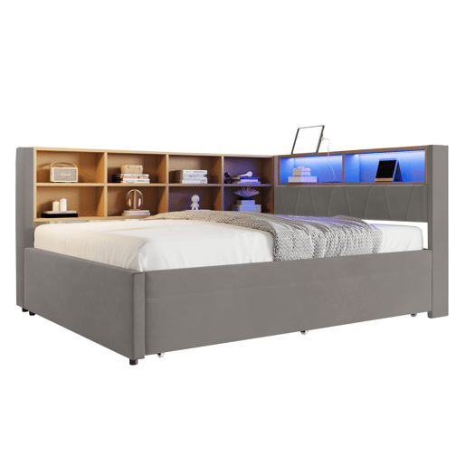 Sofá-cama 140x200 - Cama extensível 90x190, com luzes LED, tomadas e compartimentos, sofá multifuncional, cama individual, flanela - cinza escuro
