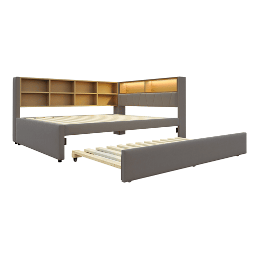 Sofá-cama 140x200 - Cama extensível 90x190, com luzes LED, tomadas e compartimentos, sofá multifuncional, cama individual, flanela - cinza escuro