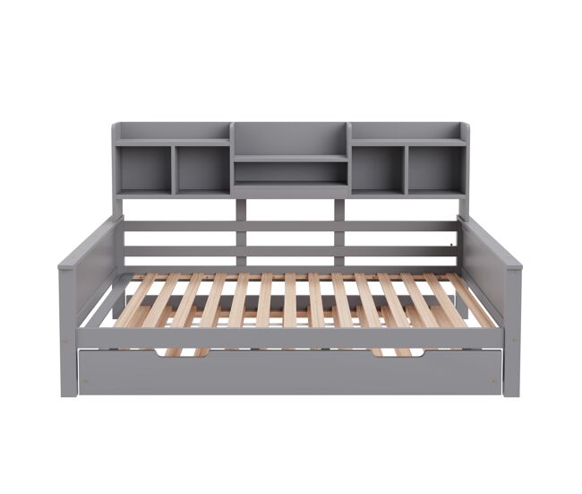 Sofá cama extensible 90*200cm - con almacenamiento y somier, madera de pino, cama individual - gris