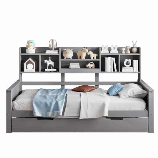 Sofá-cama extensível 90*200 cm - com arrumação e estrado, madeira de pinho, cama individual - Cinza Sofá-cama extensível 90*200 cm - com arrumação e estrado, madeira de pinho, cama individual - Cinza