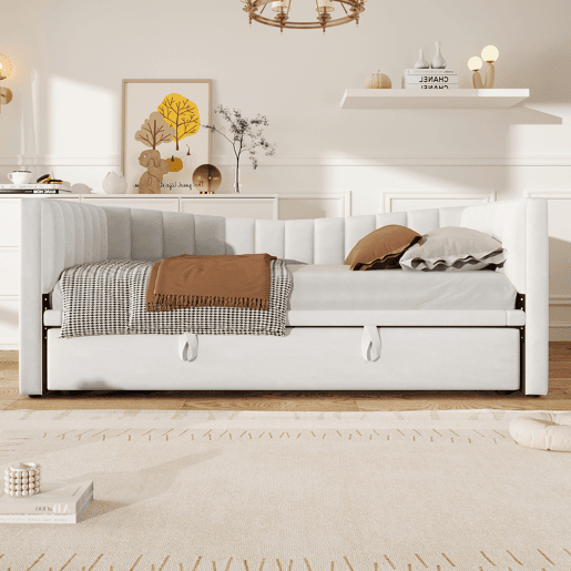 Sofá-cama 90x200 cm - Com cama extraível, cama individual, cama de casal (sem colchão), estilo minimalista, veludo - Branco