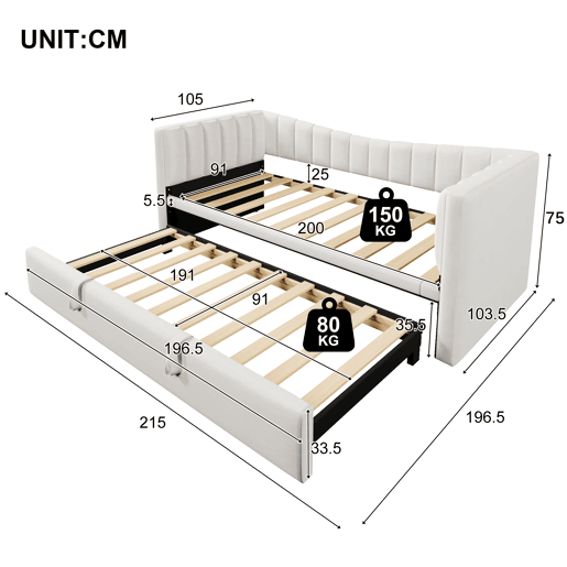 Sofá-cama 90x200 cm - Com cama extraível, cama individual, cama de casal (sem colchão), estilo minimalista, veludo - Branco