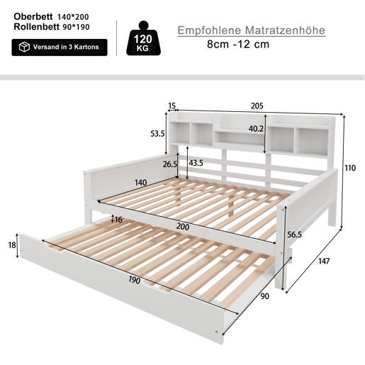 Sofá-cama 140200 cm - Com cama extraível 90190 cm, com arrumação e estrado, madeira de pinho, multifuncional - Branco