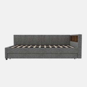 Cama Daybett 90x200cm - Sofá-cama, com compartimento, USB+Tipo C, controlo remoto para luz LED, cama extraível, com estrado, linho, cinzento