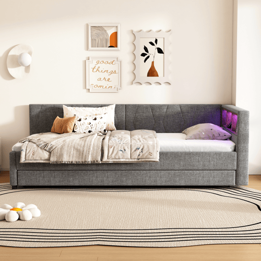 Cama Daybett 90x200cm - Sofá-cama, com compartimento, USB+Tipo C, controlo remoto para luz LED, cama extraível, com estrado, linho, cinzento