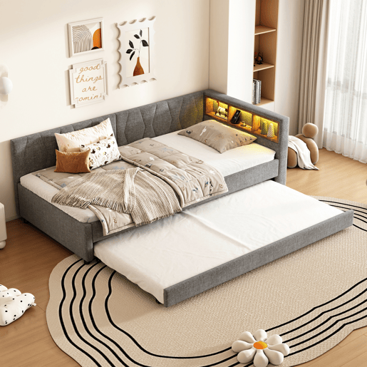 Cama Daybett 90x200cm - Sofá-cama, com compartimento, USB+Tipo C, controlo remoto para luz LED, cama extraível, com estrado, linho, cinzento