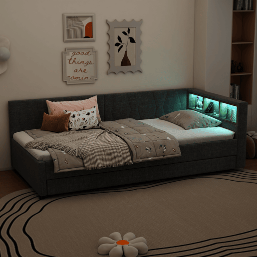 Cama Daybett 90x200cm - Sofá-cama, com compartimento, USB+Tipo C, controlo remoto para luz LED, cama extraível, com estrado, linho, cinzento
