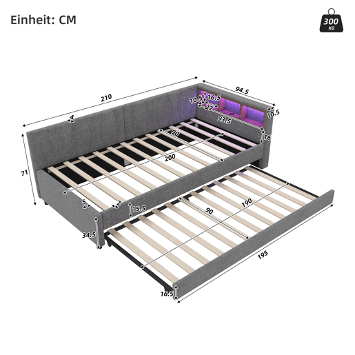 Cama Daybett 90x200cm - Sofá-cama, com compartimento, USB+Tipo C, controlo remoto para luz LED, cama extraível, com estrado, linho, cinzento