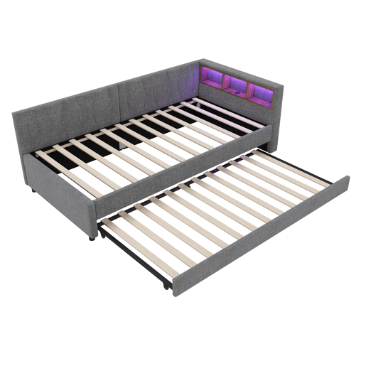 Cama Daybett 90x200cm - Sofá-cama, com compartimento, USB+Tipo C, controlo remoto para luz LED, cama extraível, com estrado, linho, cinzento