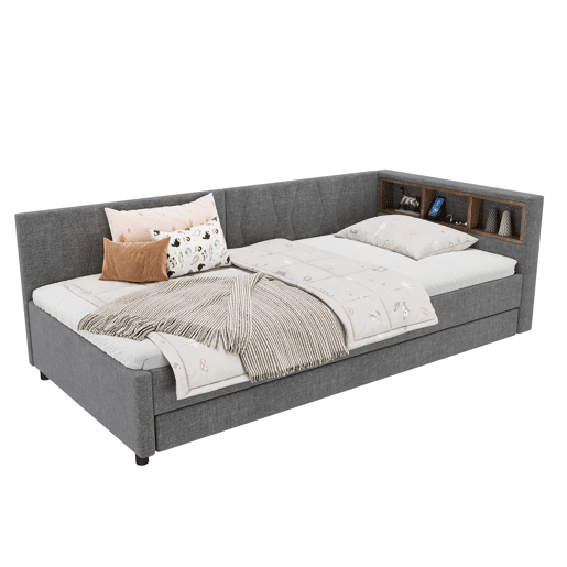 Cama Daybett 90x200cm - Sofá-cama, com compartimento, USB+Tipo C, controlo remoto para luz LED, cama extraível, com estrado, linho, cinzento