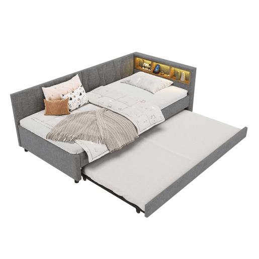 Cama Daybett 90x200cm - Sofá-cama, com compartimento, USB+Tipo C, controlo remoto para luz LED, cama extraível, com estrado, linho, cinzento