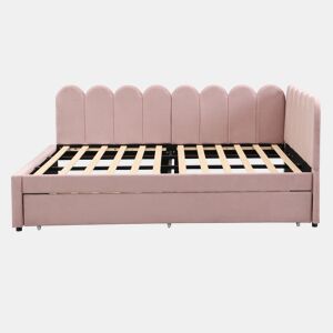 Sofá-cama em forma de L 140x200 cm - Encosto com flores e cama extraível - Veludo rosa