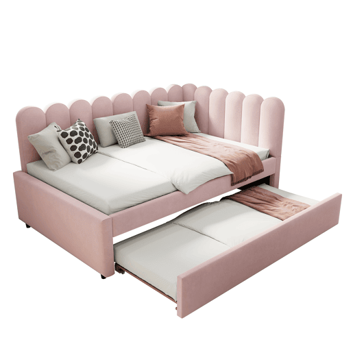 Sofá-cama em forma de L 140x200 cm - Encosto com flores e cama extraível - Veludo rosa