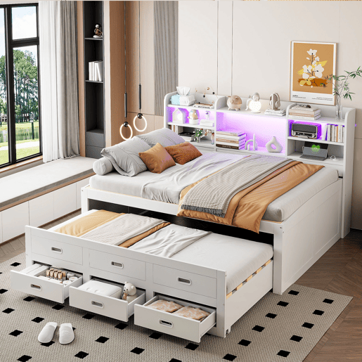 Sofá-cama, 140 x 200 cm - Extraível, LED, 3 gavetas, USB+Type-C, sem colchão - Branco