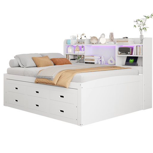 Sofá-cama, 140 x 200 cm - Extraível, LED, 3 gavetas, USB+Type-C, sem colchão - Branco