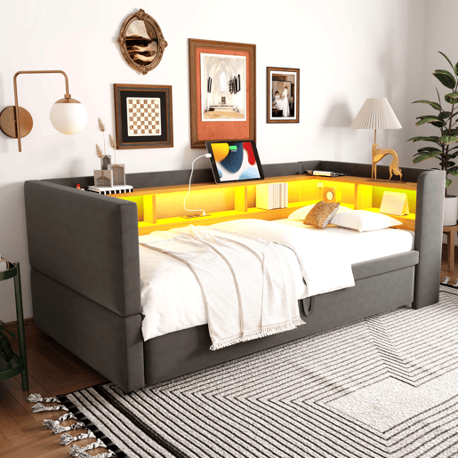 Sofá-cama extensível 90180*190 cm - com luzes LED, tomadas e compartimentos de arrumação - Cinza escuro