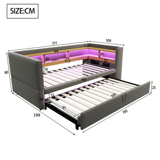 Sofá-cama extensível 90180*190 cm - com luzes LED, tomadas e compartimentos de arrumação - Cinza escuro