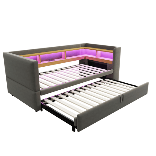 Sofá-cama extensível 90180*190 cm - com luzes LED, tomadas e compartimentos de arrumação - Cinza escuro