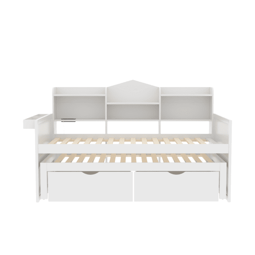 Sofá-cama 90x200 - Cama extensível 90x190 com duas gavetas, grande compartimento de arrumação e cesto, porta USB - Branco