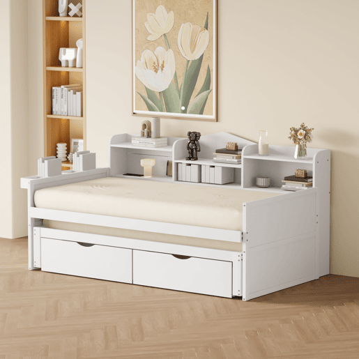 Sofá-cama 90x200 - Cama extensível 90x190 com duas gavetas, grande compartimento de arrumação e cesto, porta USB - Branco