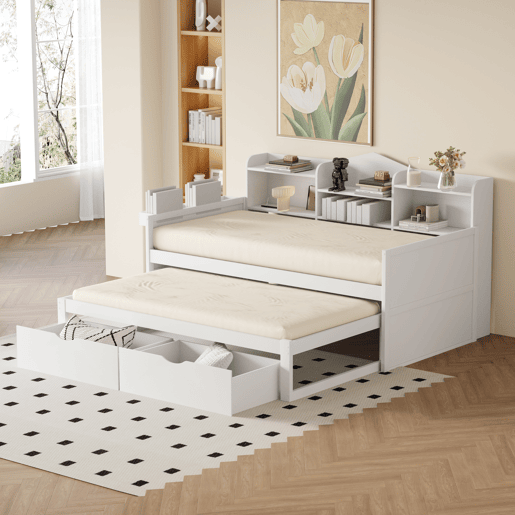 Sofá-cama 90x200 - Cama extensível 90x190 com duas gavetas, grande compartimento de arrumação e cesto, porta USB - Branco