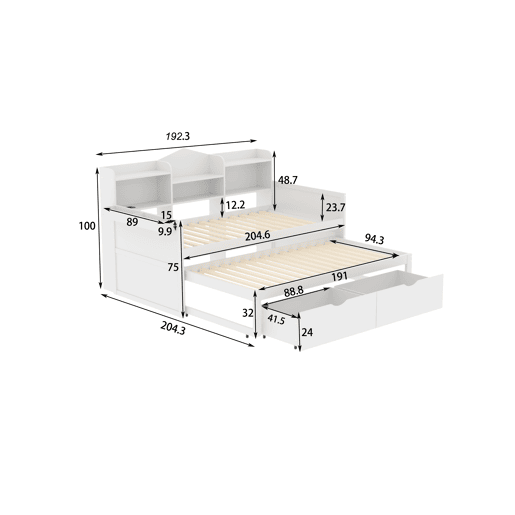 Sofá-cama 90x200 - Cama extensível 90x190 com duas gavetas, grande compartimento de arrumação e cesto, porta USB - Branco