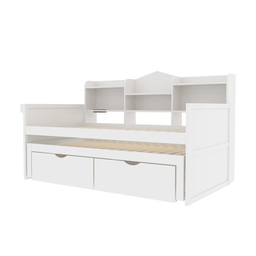 Sofá-cama 90x200 - Cama extensível 90x190 com duas gavetas, grande compartimento de arrumação e cesto, porta USB - Branco