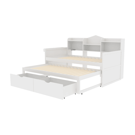 Sofá-cama 90x200 - Cama extensível 90x190 com duas gavetas, grande compartimento de arrumação e cesto, porta USB - Branco