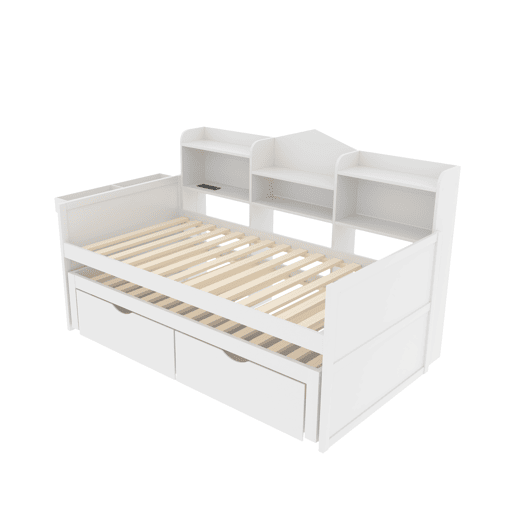 Sofá-cama 90x200 - Cama extensível 90x190 com duas gavetas, grande compartimento de arrumação e cesto, porta USB - Branco