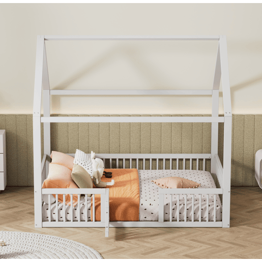 Cama de madeira maciça 140x200 cm - Cama de casal, cama baixa, cama de casa com porta - Branca