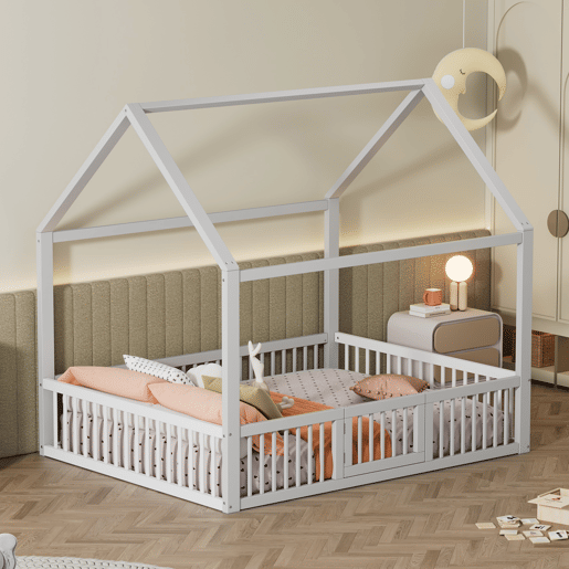 Cama de madeira maciça 140x200 cm - Cama de casal, cama baixa, cama de casa com porta - Branca