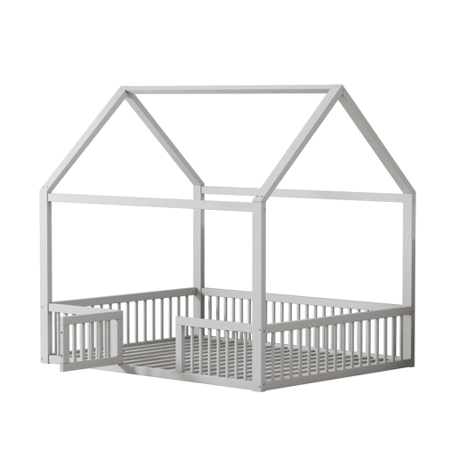 Cama de madeira maciça 140x200 cm - Cama de casal, cama baixa, cama de casa com porta - Branca