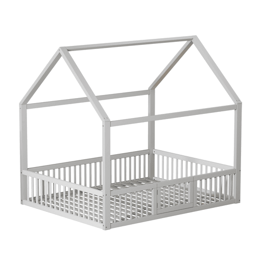 Cama de madeira maciça 140x200 cm - Cama de casal, cama baixa, cama de casa com porta - Branca