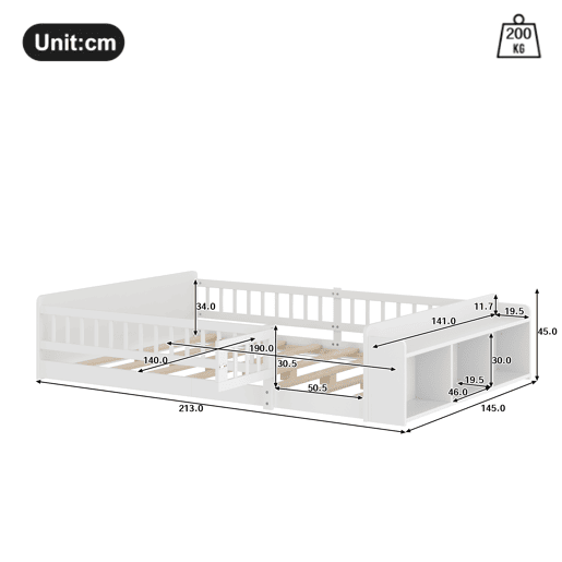 Cama infantil 140x190cm - Estrutura em pinho, arrumação aberta, prateleiras, caixa com tampa, sem colchão - Branco