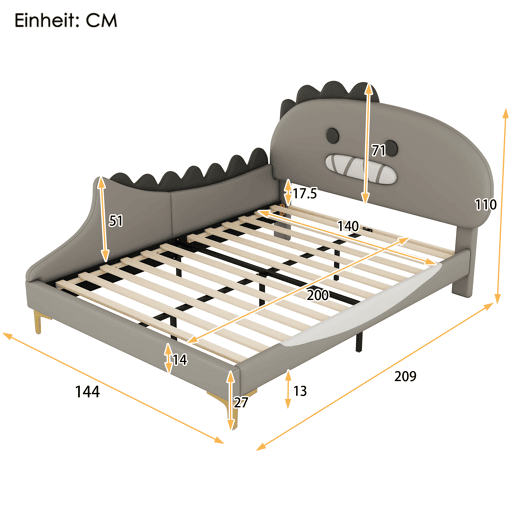 Cama infantil 140x200cm - Formato Dinossauro, Cama baixa, Material PU - Cinza