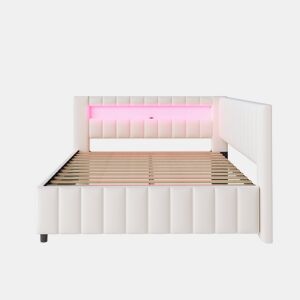 Sofá-cama 140x200 - Polsterbett em veludo com luz LED e porta USB, com encosto, cabeceira e estrutura de cama estável - Bege