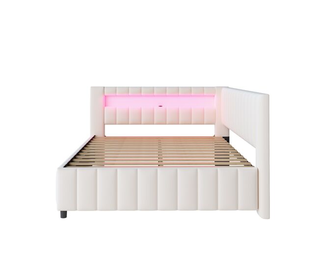 Sofá cama 140x200 - polsterbett de terciopelo con luz led y puerto usb, con respaldo, cabecero y marco de cama estable - beige