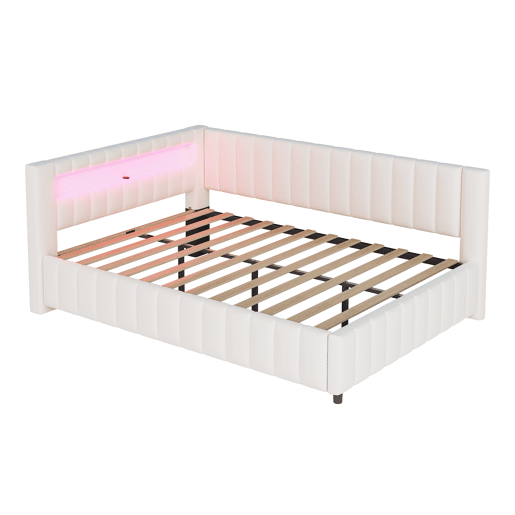 Sofá-cama 140x200 - Polsterbett em veludo com luz LED e porta USB, com encosto, cabeceira e estrutura de cama estável - Bege