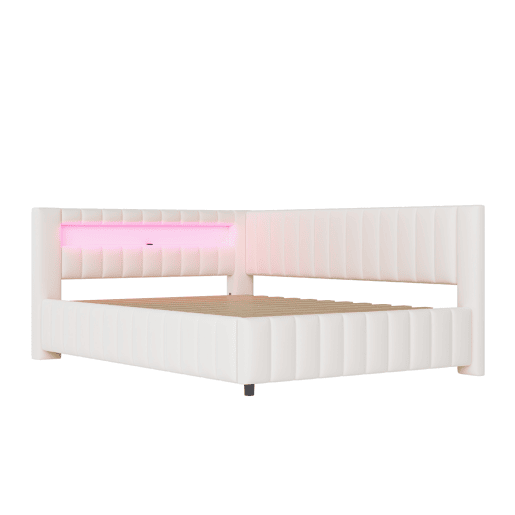 Sofá-cama 140x200 - Polsterbett em veludo com luz LED e porta USB, com encosto, cabeceira e estrutura de cama estável - Bege