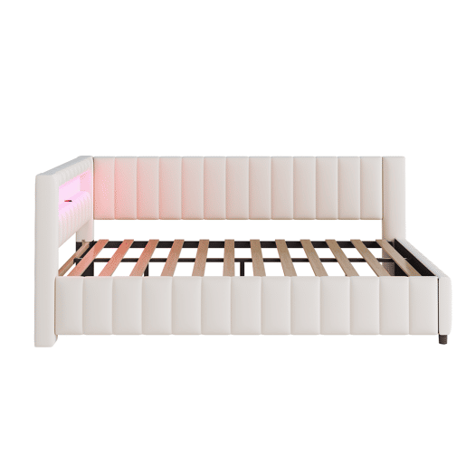 Sofá-cama 140x200 - Polsterbett em veludo com luz LED e porta USB, com encosto, cabeceira e estrutura de cama estável - Bege