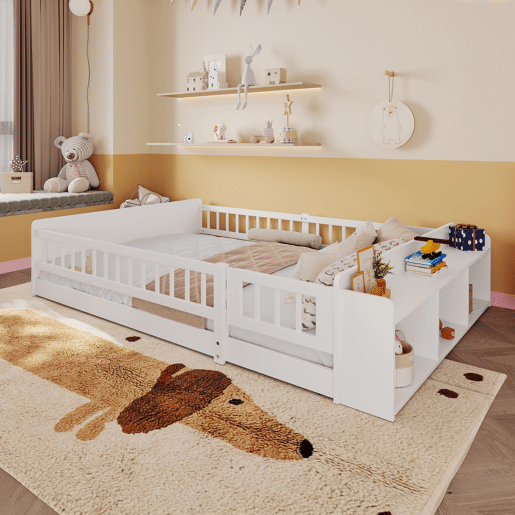 Cama infantil 140x200cm - Madeira de pinho, arrumação aberta, prateleiras, estrutura desmontável - Branco