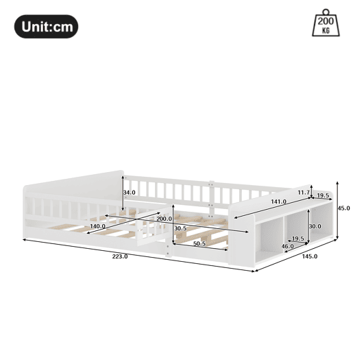 Cama infantil 140x200cm - Madeira de pinho, arrumação aberta, prateleiras, estrutura desmontável - Branco