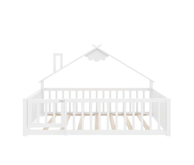 Cama infantil 140x190 cm - con barandilla y cerradura, madera de pino - blanco