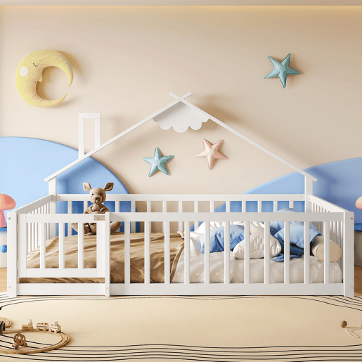 Cama infantil 140x190 cm - Com grade e fechadura, madeira de pinho - Branco