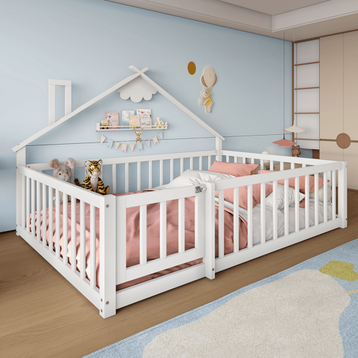 Cama infantil 140x190 cm - Com grade e fechadura, madeira de pinho - Branco
