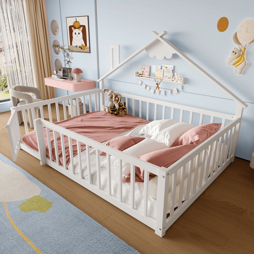 Cama infantil 140x190 cm - Com grade e fechadura, madeira de pinho - Branco